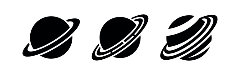 Set of black Saturn planet icons with rings in different styles, symbolizing space and astronomy © Lili
