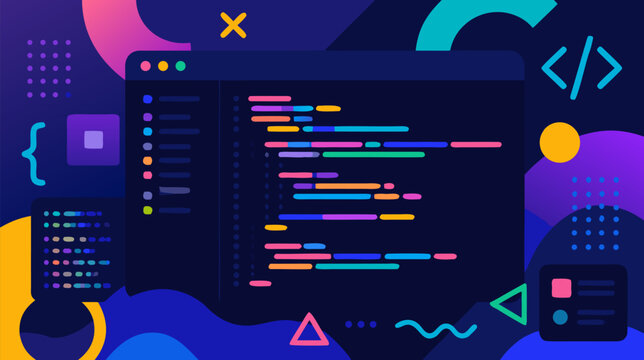 Abstract flat vector illustration of a computer programming screen filled with code snippets and software development symbols, ideal for tech, coding, and digital engineering theme backgrounds.