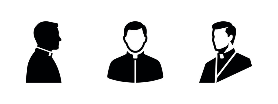 Set of Catholic priest or clergyman icons in different poses, representing religion and spirituality