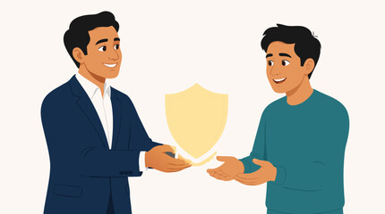 Fototapeta premium Professional financial advisor handing a glowing protective shield to a client representing wealth security, insurance coverage, and risk management in a clean modern flat vector illustration.