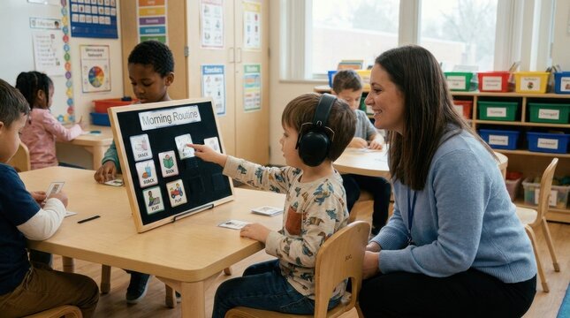Young boy wearing headphones interacts with a visual schedule board while seated at a table in a classroom with children and a teacher engaged in learning activities