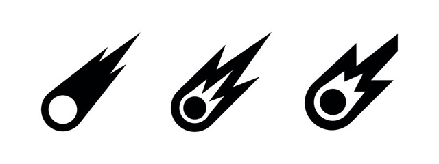 Comet and meteor icons set. Flaming space rock silhouettes falling through atmosphere. Astronomy and cosmic event symbols. © Lili
