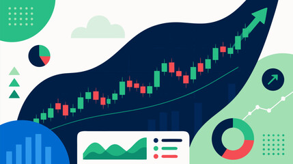 Obraz premium Professional flat vector illustration of a stock market candlestick chart showing a strong bullish upward trend with green candles, ideal for financial growth and investment success concepts.