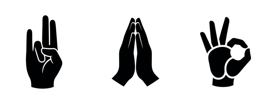 Hand gestures icons set. Yoga mudra, praying hands, and "OK" sign silhouettes. Spirituality, communication, and approval.