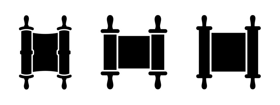 Torah scroll icons set. Ancient religious text scrolls silhouettes. Judaism, tradition, and wisdom symbols.