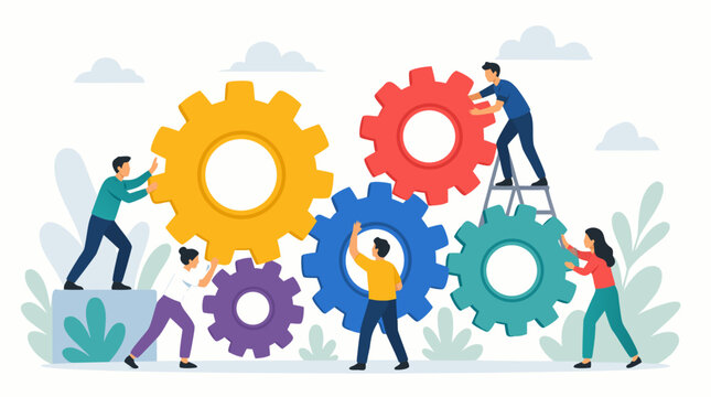 Diverse team of professional workers turning massive colorful mechanical gears together, a flat vector illustration representing business cooperation, industrial synergy, and collaborative effort.