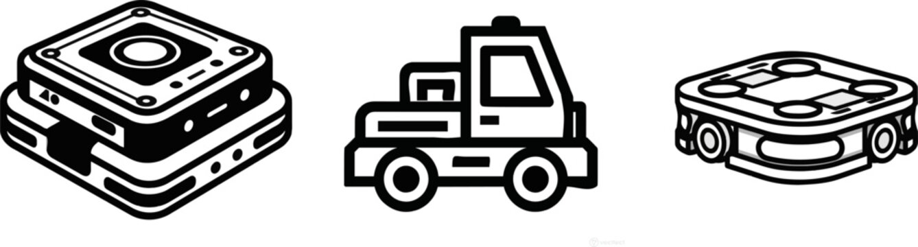 A minimalist flat vector icon of an automated guided vehicle (AGV) cart in a low-profile design, presented as a side profile view with clean bold lines and clear contours against a pure solid white