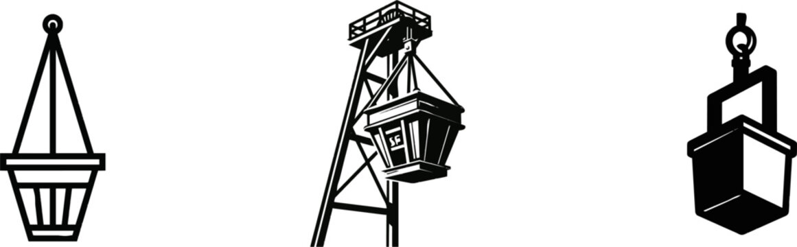 A minimalist flat vector icon of a mining shaft skip hoist bucket car in black and white, featuring clean bold lines and simple geometric shapes, isolated on a pure solid white background