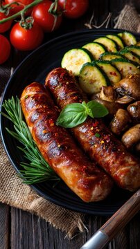 Grilled sausage served with zucchini slices and mushrooms on wooden surface with fresh tomatoes and carving fork nearby