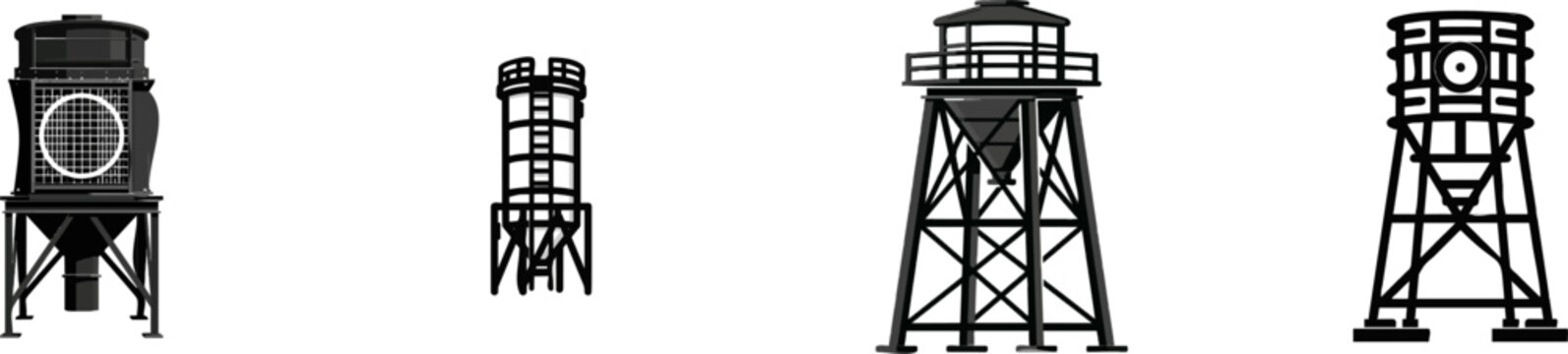 A minimalist flat vector icon of an industrial dust collector cyclone tower in black and white, featuring clean bold lines and clear contours against a pure solid white background