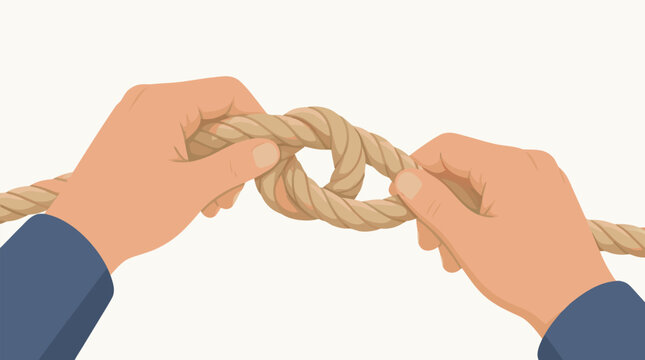 Detailed flat vector illustration of human hands expertly tying a secure nautical knot in a thick heavy rope, symbolizing strength, cooperation, and preparation on a clean minimal background.