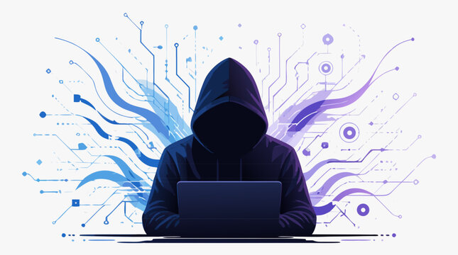 Mysterious cyber criminal hacker in a hoodie silhouette surrounded by digital binary code and data strings, flat vector illustration depicting cybersecurity threats, data breaches and identity theft.
