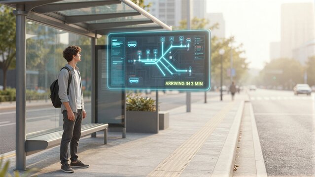 A man waits at a futuristic bus stop with holographic transit info.