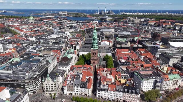 Aerial view of city center centered on St Nicholas Church, Copenhagen, Denmark