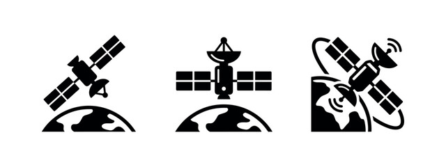 Three silhouette icons of satellites orbiting Earth, representing space technology © Lili