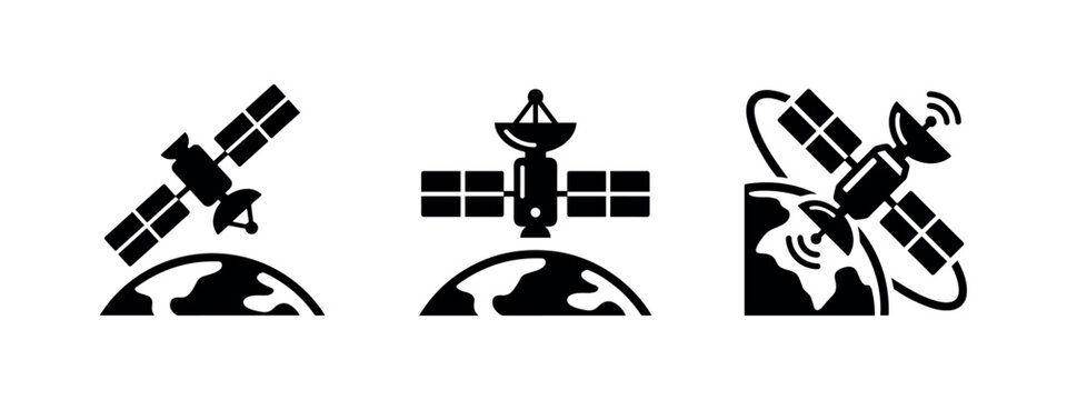 Three silhouette icons of satellites orbiting Earth, representing space technology