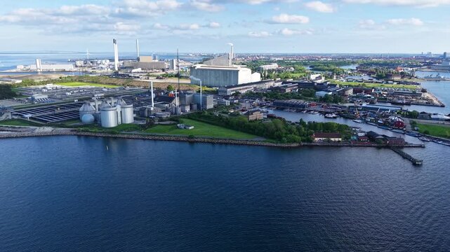 Drone shot of industrial waterfront and Refshaleoen area, Copenhagen, Denmark