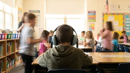 Obraz premium Child wearing noise-canceling headphones sits at a desk in a classroom, surrounded by students engaged in various activities, colorful educational posters on the walls