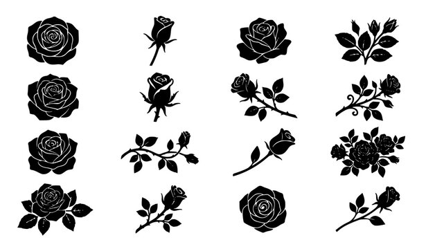 Black Rose Silhouette Vector Icon Set Featuring Various Flower Blossoms Buds Leaves and Branches for Elegant Floral Designs and Graphic Layouts