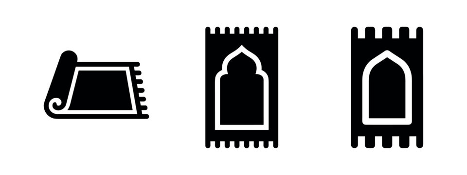 Islamic prayer rugs in rolled and unrolled states, with mihrab design.