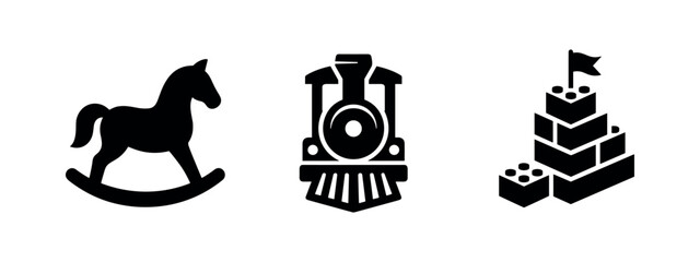 Toy icons: rocking horse, train engine, and building blocks with flag. © Lili
