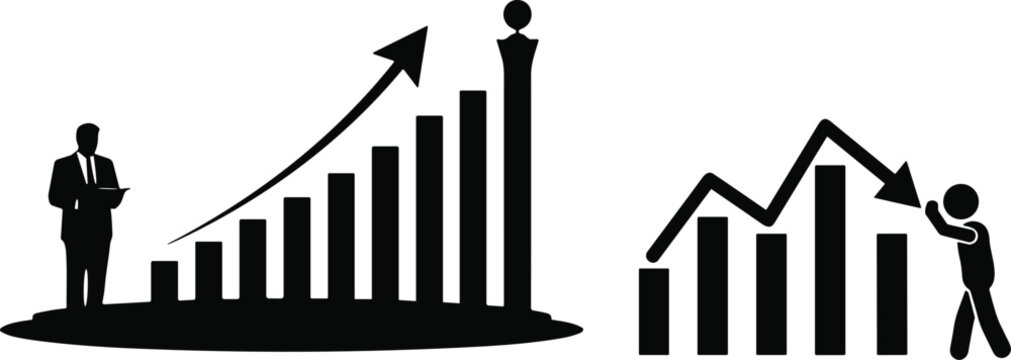 Business growth and financial loss concept silhouette showing rising profit chart versus falling stock market graph vector illustration