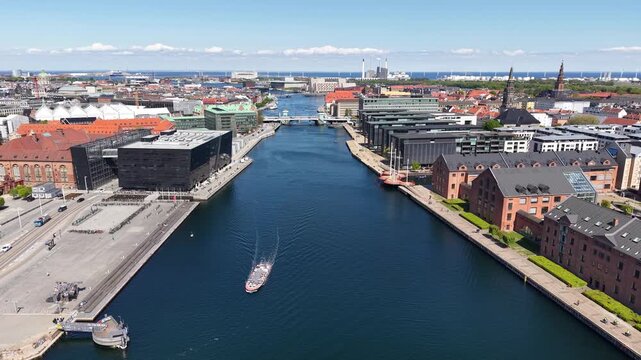 Flight over inner harbor canal in Copenhagen city, Denmark