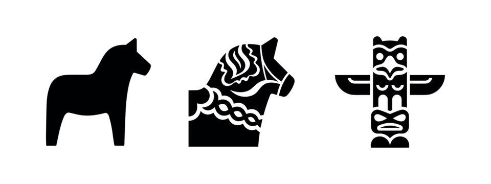 Horse figurine, Dala horse, and totem pole silhouettes in black and white.
