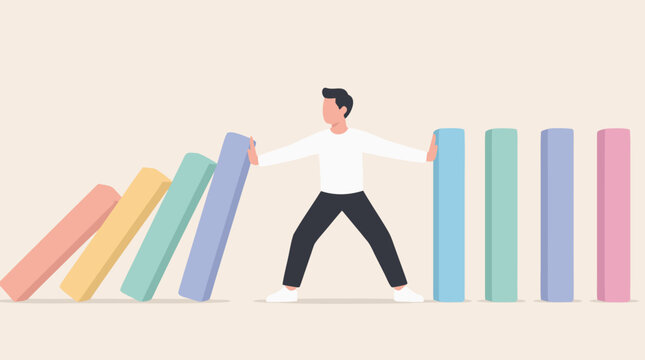 Professional flat vector illustration of the domino effect where a faceless character stops a chain reaction of falling blocks, symbolizing crisis management and effective leadership.