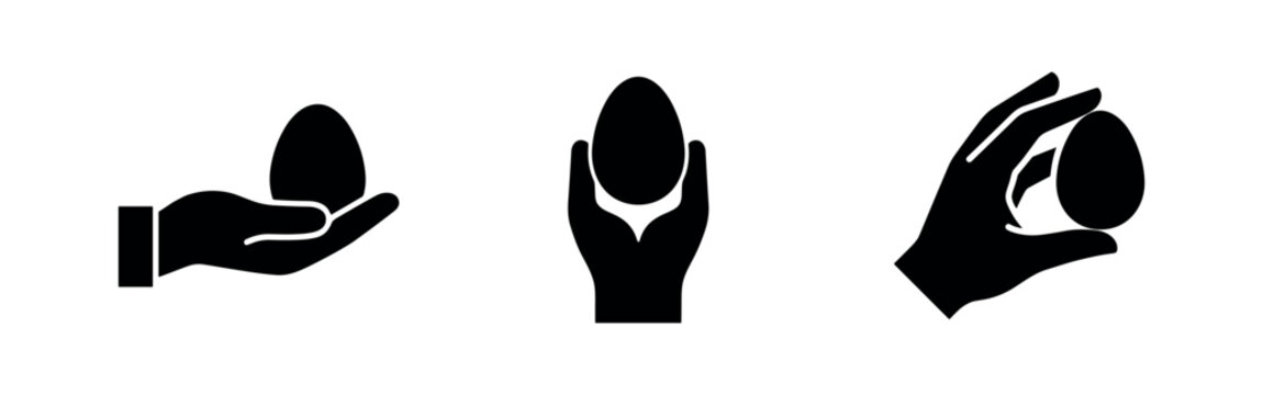 Three black and white icons of hands holding eggs
