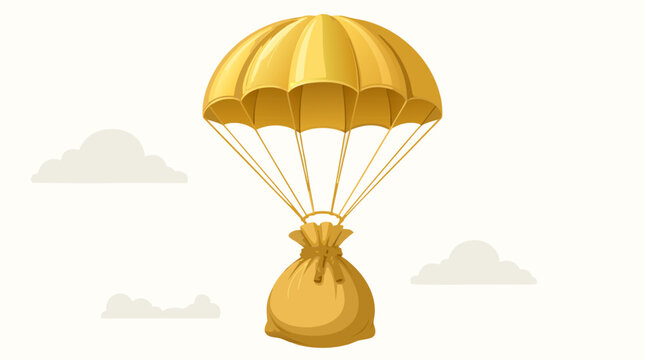 Success golden parachute carrying a heavy bag of money safely down flat vector illustration, financial rescue and corporate compensation package concept, wealth protection and bailout funding.