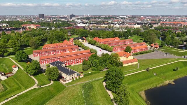 Drone shot of Kastellet citadel red barracks and ramparts, Copenhagen, Denmark