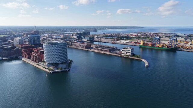 Flight over Nordhavn harbor looking towards port terminal, Copenhagen, Denmark