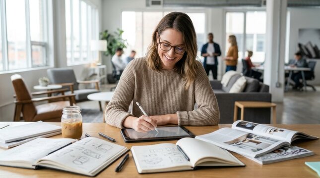 Young woman with glasses sketches on tablet at a messy desk filled with notebooks, pens, and a drink, in a bright modern office space with colleagues in the background