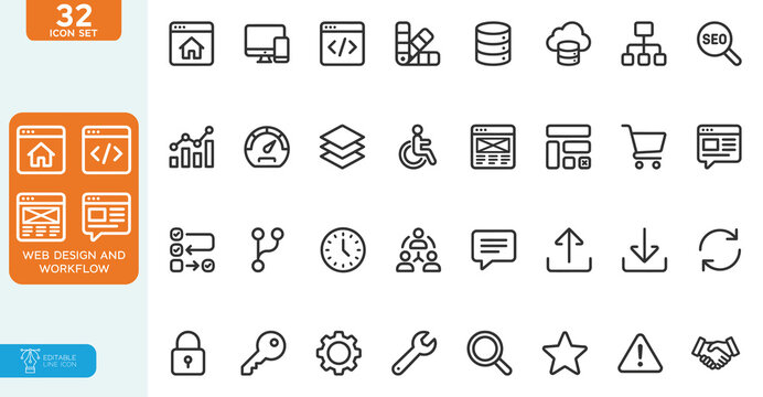 Web Design and Workflow Vector illustration line editable Icons set. Web Design, process, planning, strategy, teamwork, productivity, task, step, action, worker. on white background.