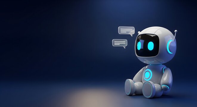 A small white futuristic robot with glowing blue accents and digital speech bubbles sits on a dark blue background with copy space.