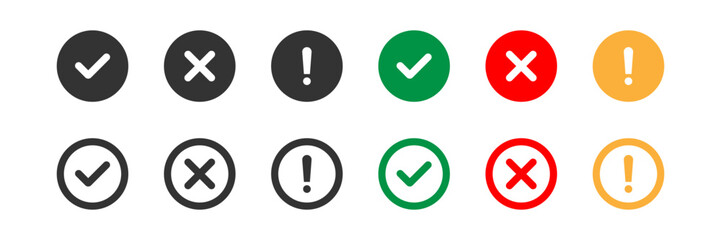 Status icon set with check mark, cross and exclamation symbols. Success, error and warning indicators. System notification vector design © Rana Graphic