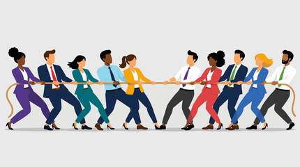 Fototapeta premium Two Faceless Business Teams Engaging in a Friendly Tug of War Competition, Flat Vector Illustration for Corporate Rivalry, Team Building, Strength, Challenge, and Business Conflict Concept