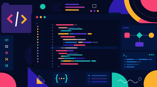 Abstract Flat Vector Illustration of a Programming Code Screen with Digital Symbols and Syntax Elements Representing Software Development Web Engineering Data Science and Computer Technology.