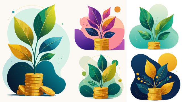 Conceptual flat vector illustration of a green sprout plant growing from a stack of shiny gold coins symbolizing financial growth investment success and sustainable wealth management.