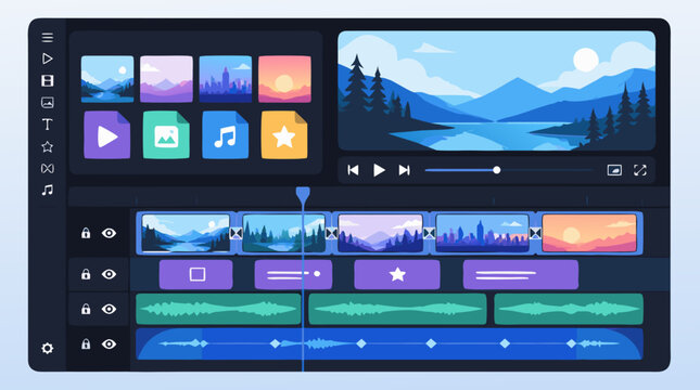 Modern flat vector illustration showing a professional video editing software interface with a multi-track timeline layout, including various audio and video clips on a clean light background.