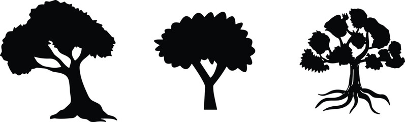 Deciduous and orchard tree silhouettes vector collection isolated on white background for nature emblem or park landscape design © MDKhademul