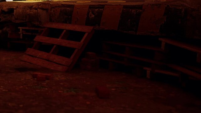 In a small storage area, wooden pallets sit against the wall in low light. Shadows fall across the ground, creating depth and texture in the space.