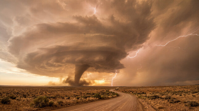 Powerful tornado and lightning storm over desert road, dramatic clouds, dust, extreme weather and natural disaster landscape.