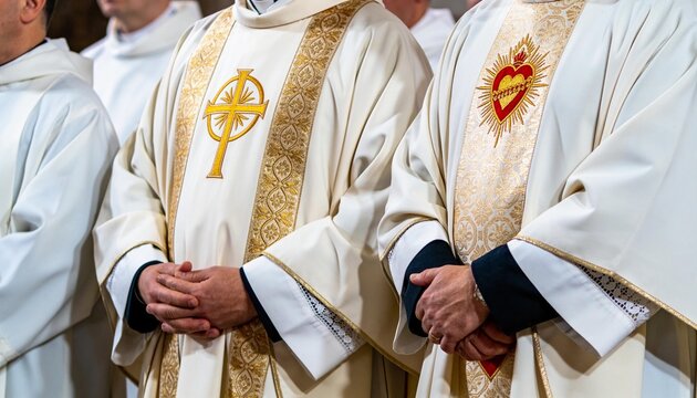 Close-up of Catholic priests wearing white and gold vestments during religious ceremony, clergy robes with cross and sacred heart symbols.