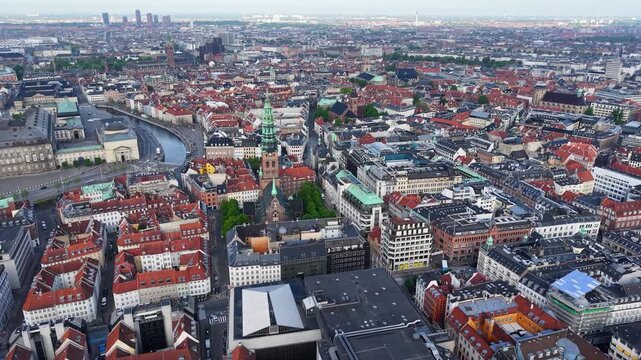Drone shot of the capital city center panorama, Copenhagen, Denmark