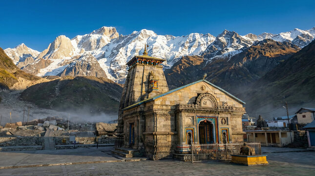 Kedarnath Temple at sunrise, majestic Himalayan mountains covered in snow, peaceful spiritual atmosphere, clear sky with golden light