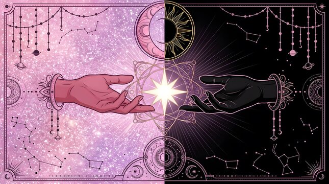 Day and Night Astrology Concept with Pink Galaxy and Black Sky Hearts