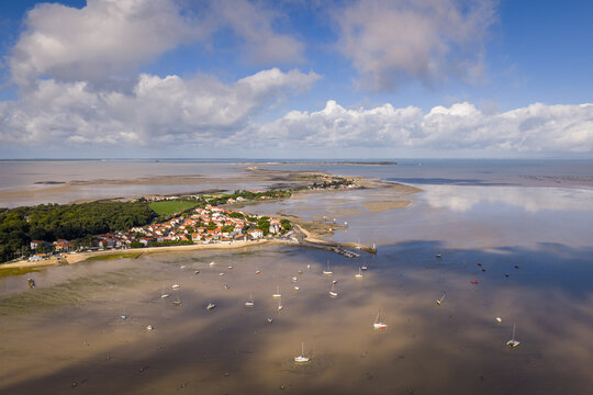 Coastal Village And Boats On Tidal Flats At Low Tide, Fouras, France