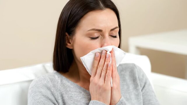 Sick young woman blowing her nose into a paper tissue. Female suffering from cold flu or allergy symptoms at home. Healthcare concept